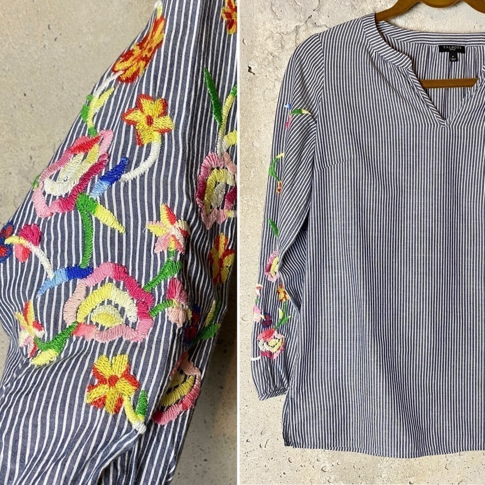 Talbots navy blue striped blouse floral embroidery